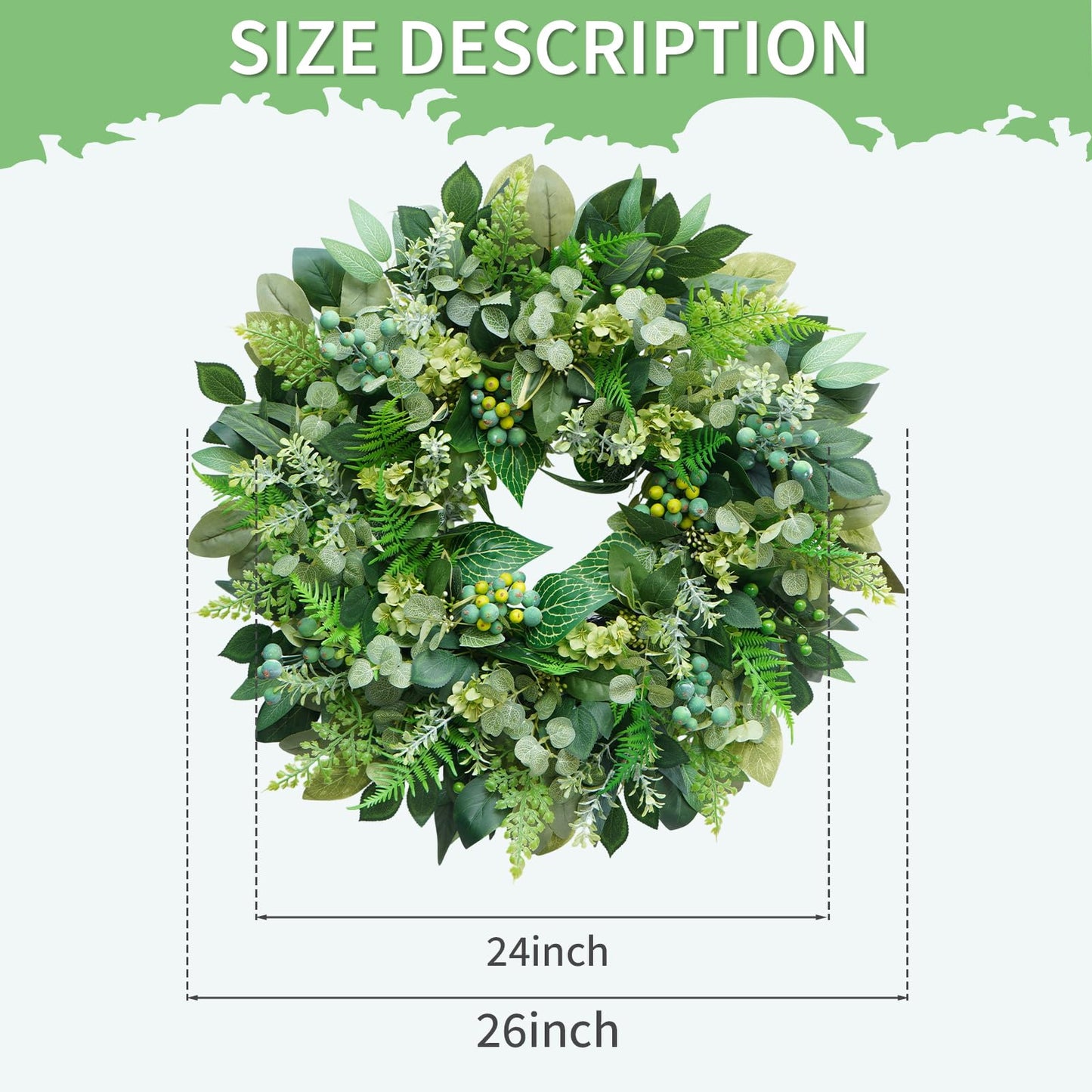 Rimalo 26 Inch Green Wreath for Front Door - Artificial Greenery Wreath with Berries, Indoor Outdoor All Season Year Eucalyptus Wreath for Farmhouse Home Decor, Spring Summer Fall Winter