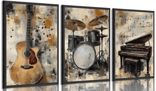 lyrae 3pcs Vintage Musical Instruments Wall Art Piano Guitar Drum Set Posters Artwork Music Theme Painting Pictures Wall Decor for Studio Gallery Home Decoration 12x16in Unframed