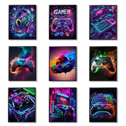 Gaming Room Canvas Wall Art Set of 9, Game Posters Wall Decor, Gamer Paintings Picture Print for Boys Room Kids Game Room Bedroom Boys Home Decoration 8x10In Unframed
