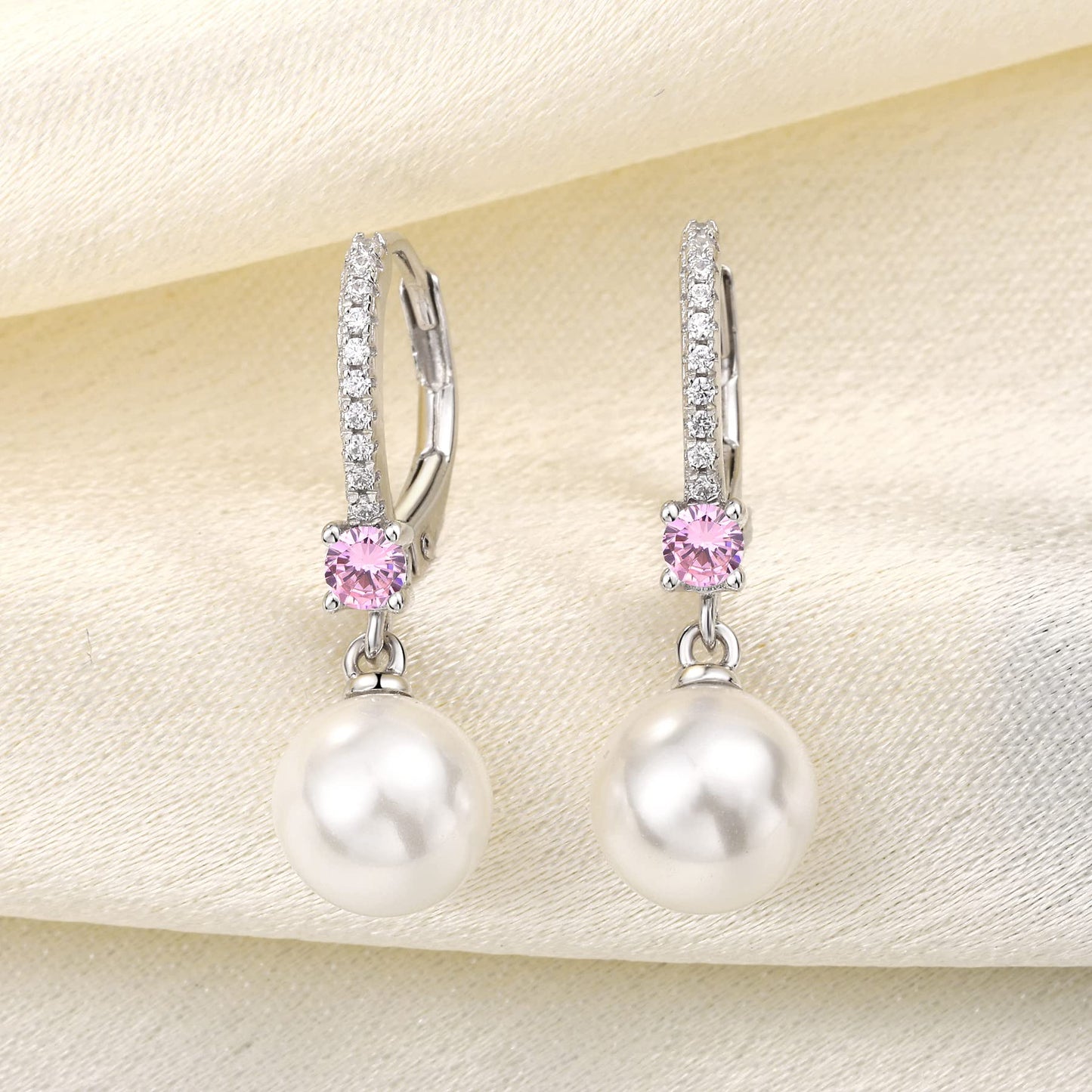JO WISDOM Pearl Earrings,925 Sterling Silver 8mm Pearl Leverback Drop Earrings with 3A CZ October Birthstone Tourmaline Color,Jewelry for Women