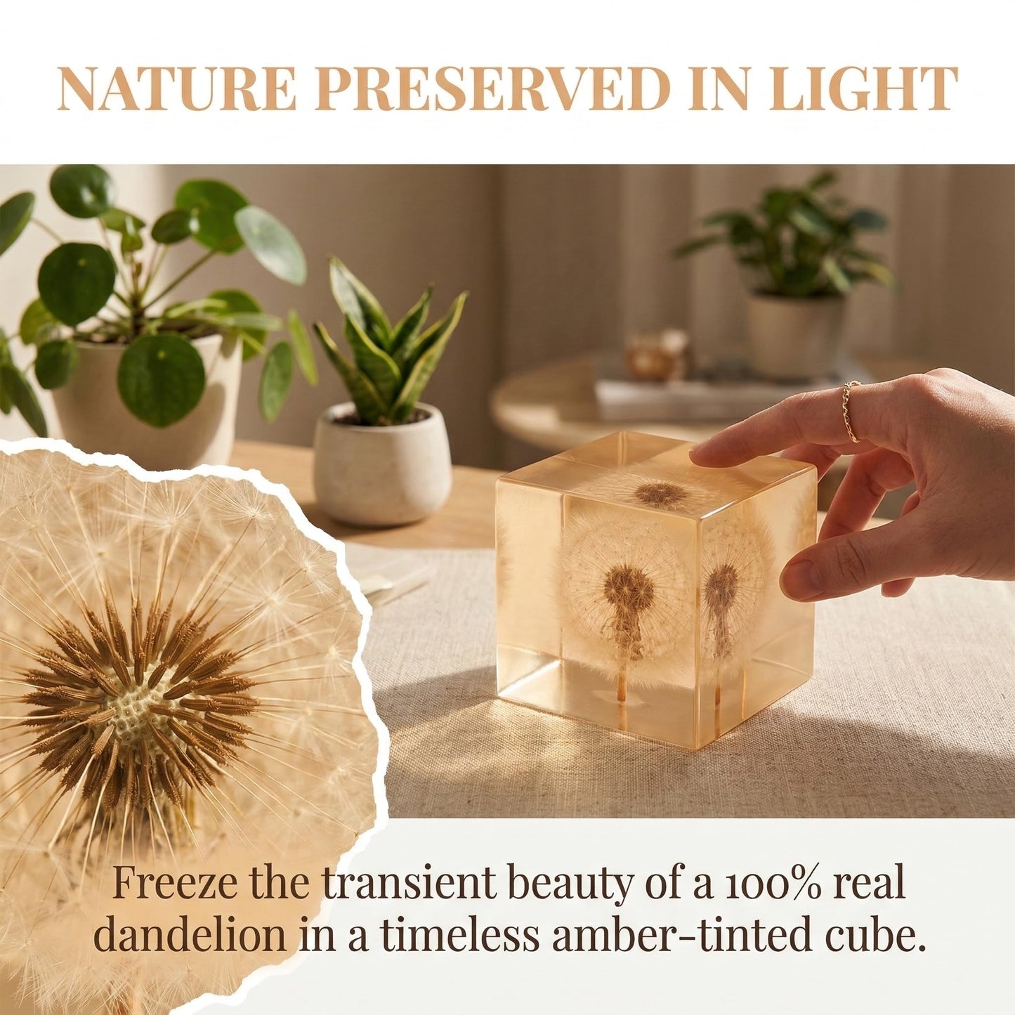 Real Dandelion Specimen in Crystal Clear Resin Cube, 2 Inch 3D Preserved Dandelion Puff Paperweight with Wooden Box, Natural Plant Decor for Home Office Gift