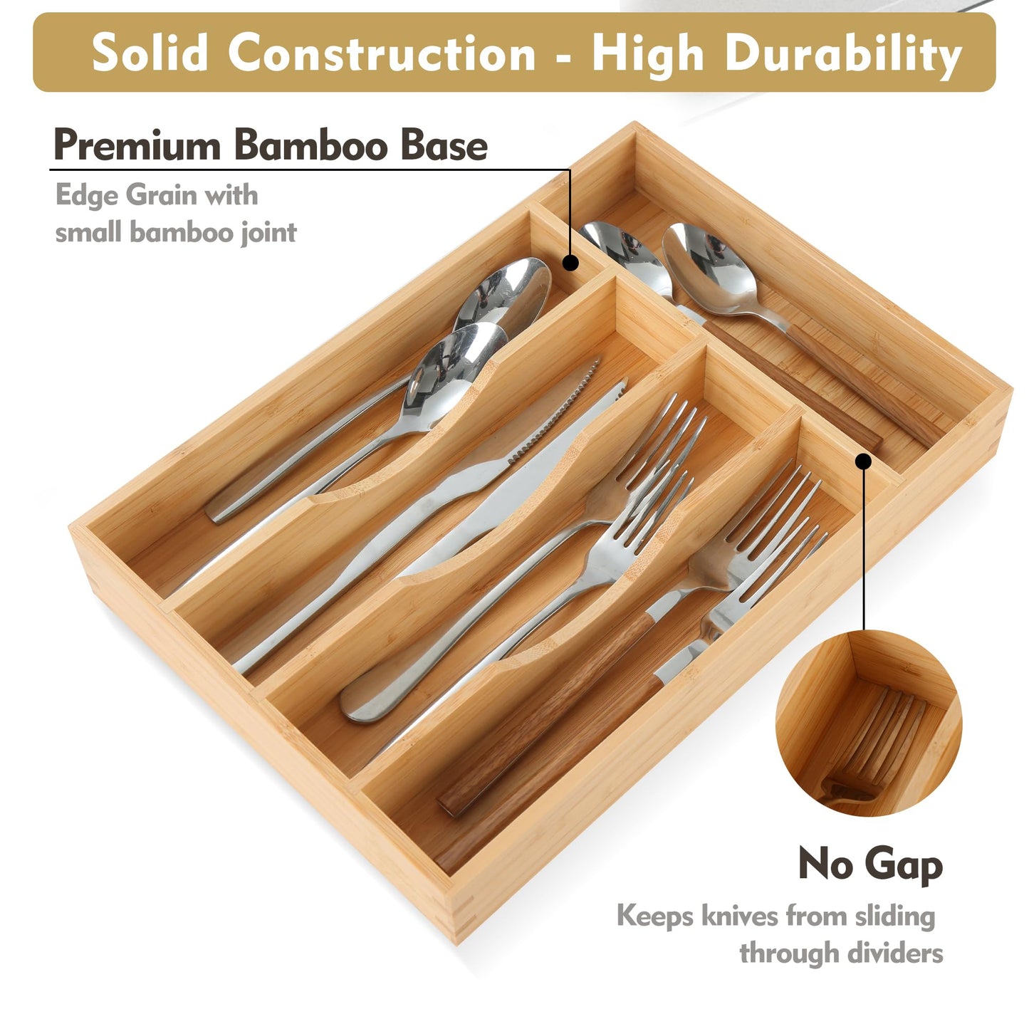 Bamboo Kitchen Drawer Organizer, 9 Inch Silverware Utensil Holder for Samll Drawer, Narrow Silverware Organizer for Cutlery Knives