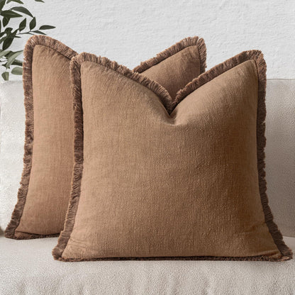 MIULEE Christmas Decorative Throw Pillow Covers Neutral Linen Fringe Fall Throw Pillows Set of 2 Natural Beige Boho Farmhouse Cushion Covers with Tassels for Couch Sofa Bed Home Decor 20x20 Inch