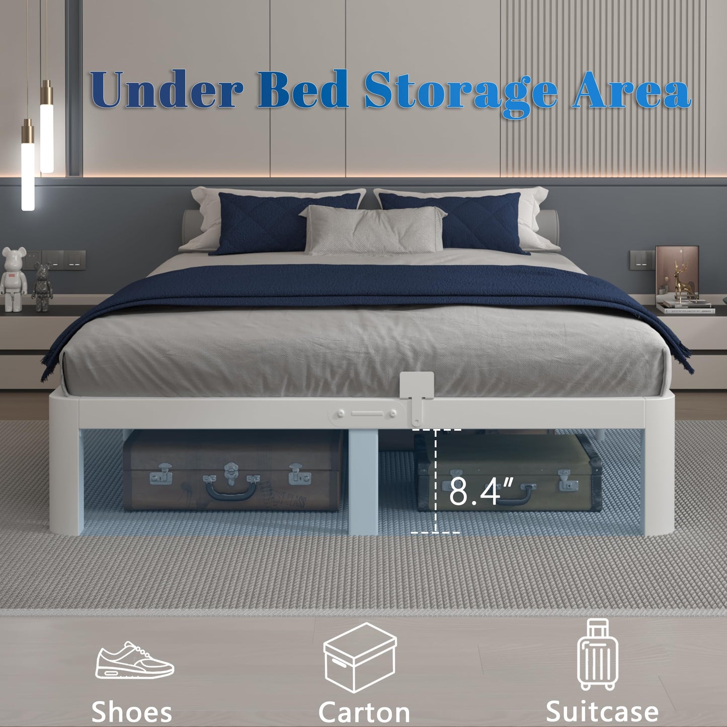 KOSOSO 10 Inch Full Size Bed Frame, White Bed Frame Full with Metal Gaskets, No Box Spring Needed, Rounded Corner Design, Heavy Duty Steel Platform Support,Reserved Holes, Noiseless, Storage Space