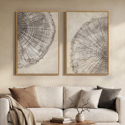 2 Piece Framed Neutral Tree Rings Wall Art for Living Room, Large Modern Wood Grain Canvas Prints Paintings, Farmhouse Nature Wabi Sabi Artwork Decor for Bedroom Hallway 24x36 Inch