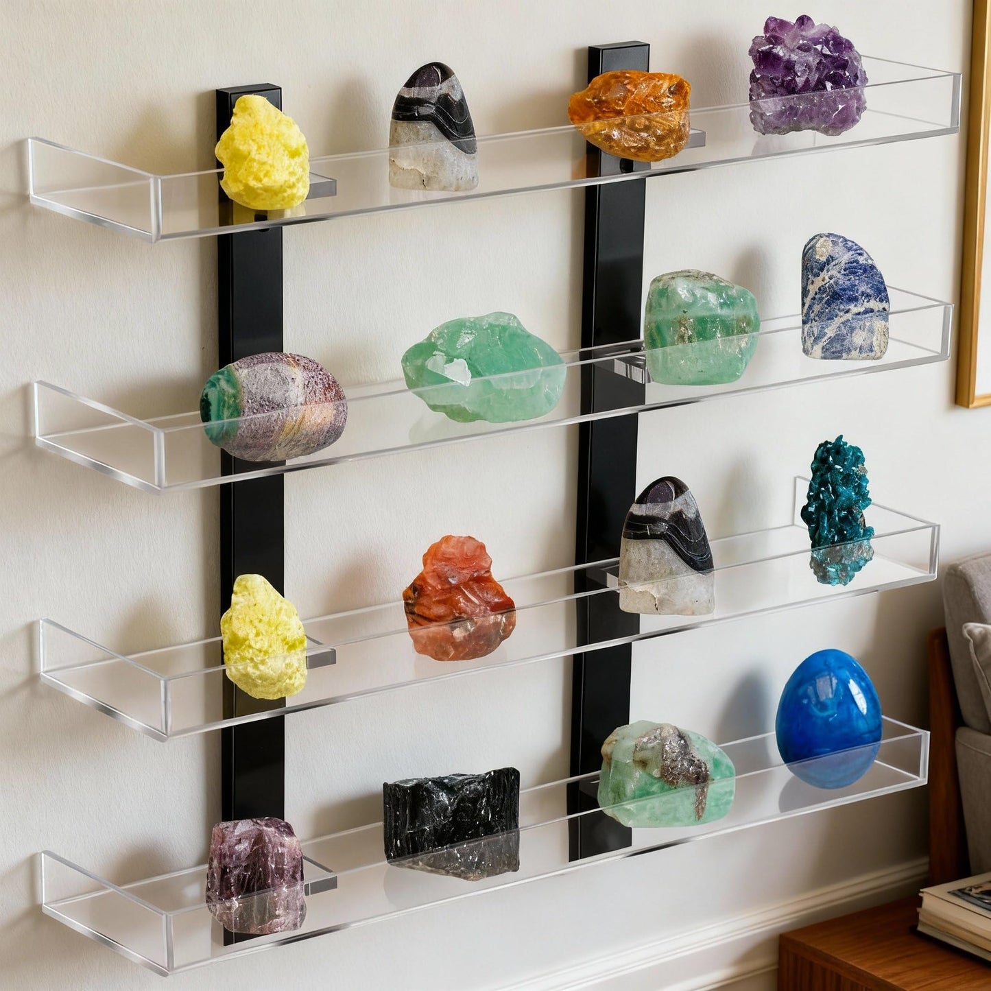 Novabright 4 Layer Acrylic Clear Rock Display Shelves for Wall Floating Shelves Organizer for Stone Collection 11.8" Rock Display for Stone Minerals Gemstones Crafts Figure Perfume for Living Room