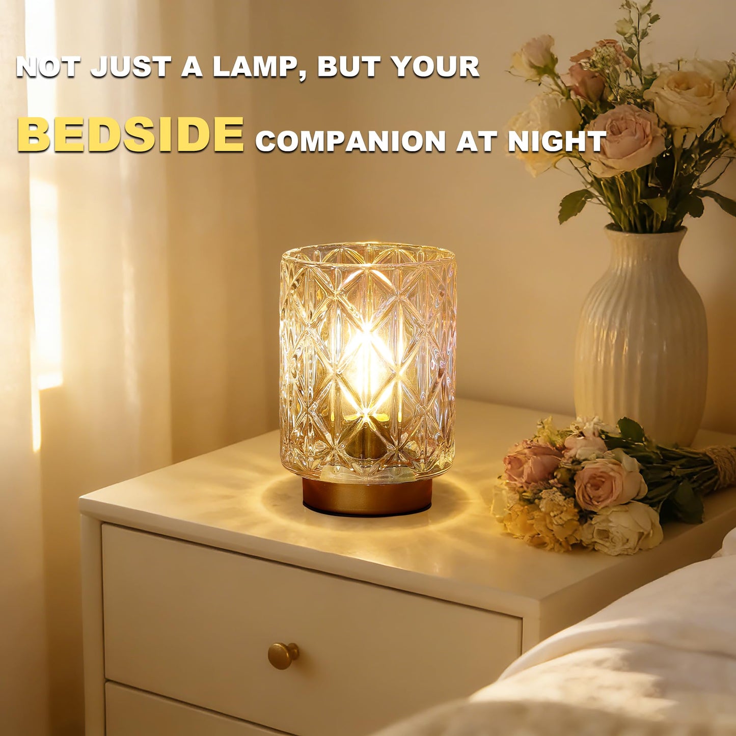 Battery Operated Lamp,Cordless Samll Glass Accent Lamp with Timer for Nightstand,Warm White Cozy Ambient Decorative Table Lamps for Shelf/Dorm/Office Cubicle/Desk/Entryway/Bedside(Iridescent Clear)