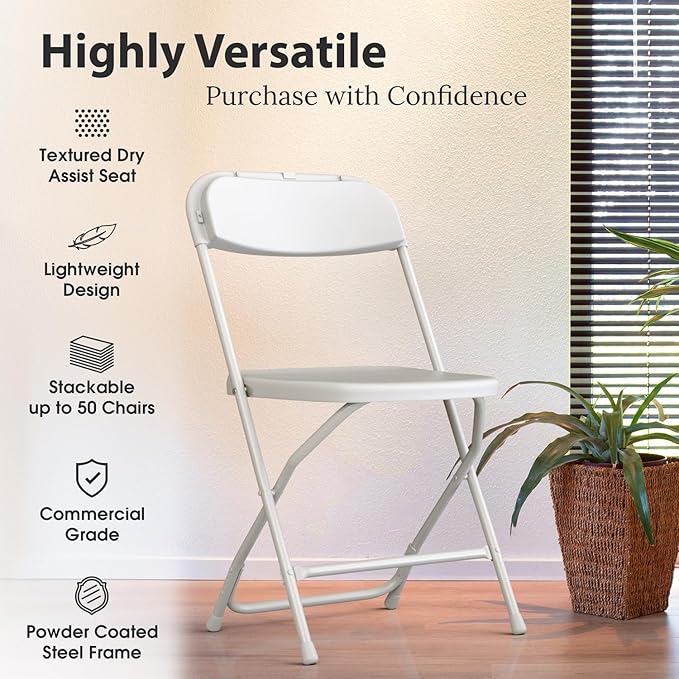 10 Pack Foldable Plastic Chair | Folding & Stackable | 350 lbs Capacity Steel Frame Seats for Indoor Outdoor | Commercial Use Events Wedding Party Bulk Picnic Kitchen Dining - White