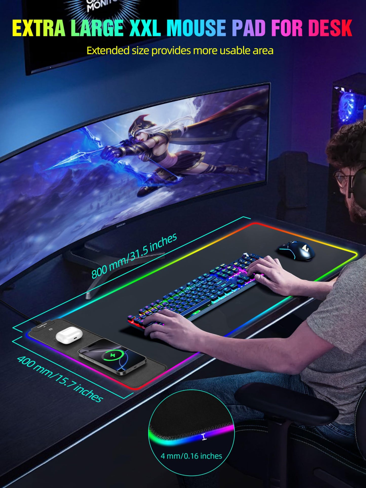 TopMade Wireless Charging RGB Mouse Pad, Waterproof Gaming Desk Mat with 4 Light Modes & 11 RGB Colors, 31.5"x15.75" XXL Large Desk Pad(Includes 20W PD Power Adapter & 6.56ft Woven Cable)
