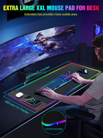 TopMade Wireless Charging RGB Mouse Pad, Waterproof Gaming Desk Mat with 4 Light Modes & 11 RGB Colors, 31.5"x15.75" XXL Large Desk Pad(Includes 20W PD Power Adapter & 6.56ft Woven Cable)