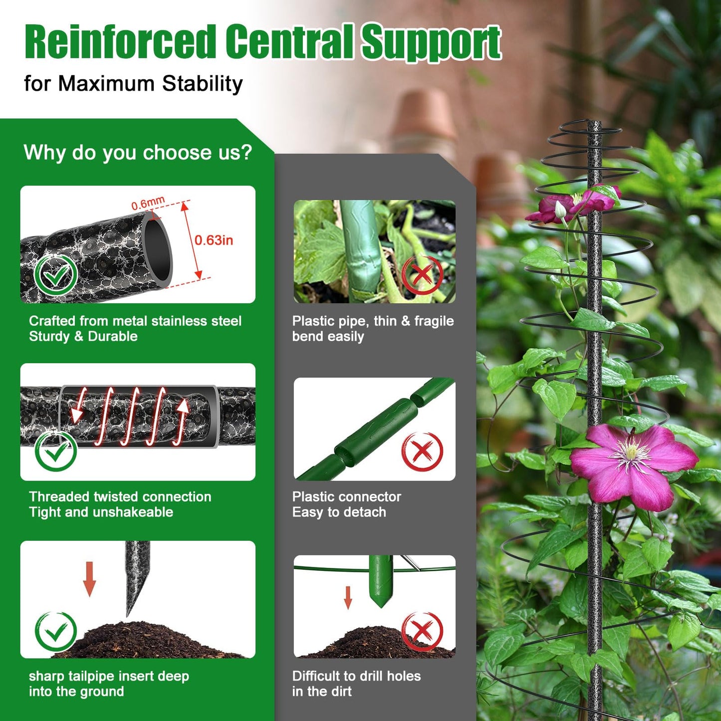Spiral Frame Trellis for Climbing Plants Outdoor -72" Tall Heavy Duty Metal Garden Plant Tower Support with Anti-Tip Center Pole,for Pole Bean,Berry,Cucumber,Sweet Peas,Clematis,Potted Plants,Vines