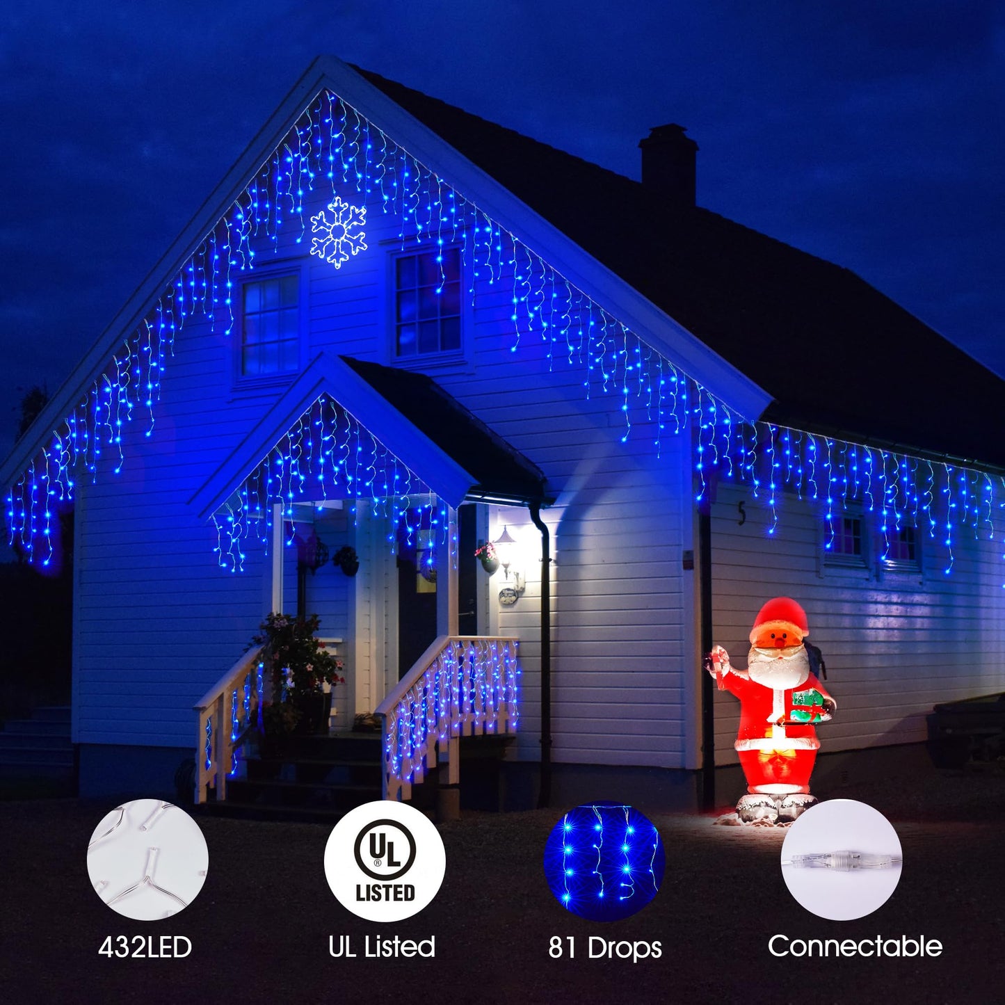 WBao Icicle Lights Outdoor, 432 LED 33FT Christmas Lights With 81 Drops, Remote Control, 3 Timer Settings, 8 Modes, Waterproof, Connectable for Wedding, Holiday Eaves Decor, Blue