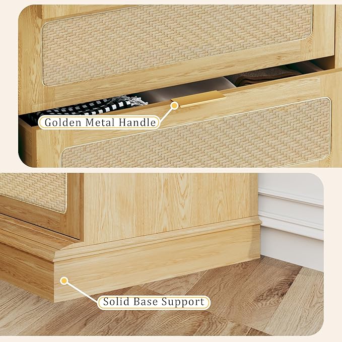 HUAHUU 9 Drawer Dresser for Bedroom, 60 Inch Long Dressers & Rattan Chest of