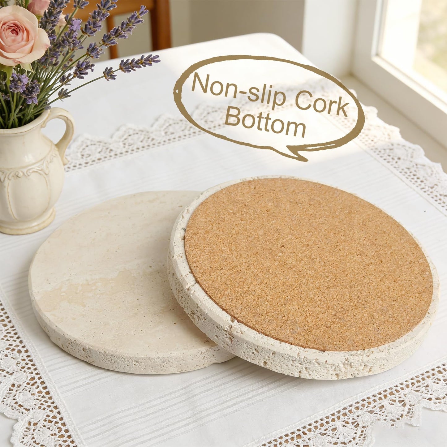 Dhfsleo Natural Travertine Marble Coasters Set of 6, Round 4 inch Stone Drink Coasters, Non-Slip Cork Backing, Festival Gifts, Wedding, Protect Tables from Stains & Scratches.