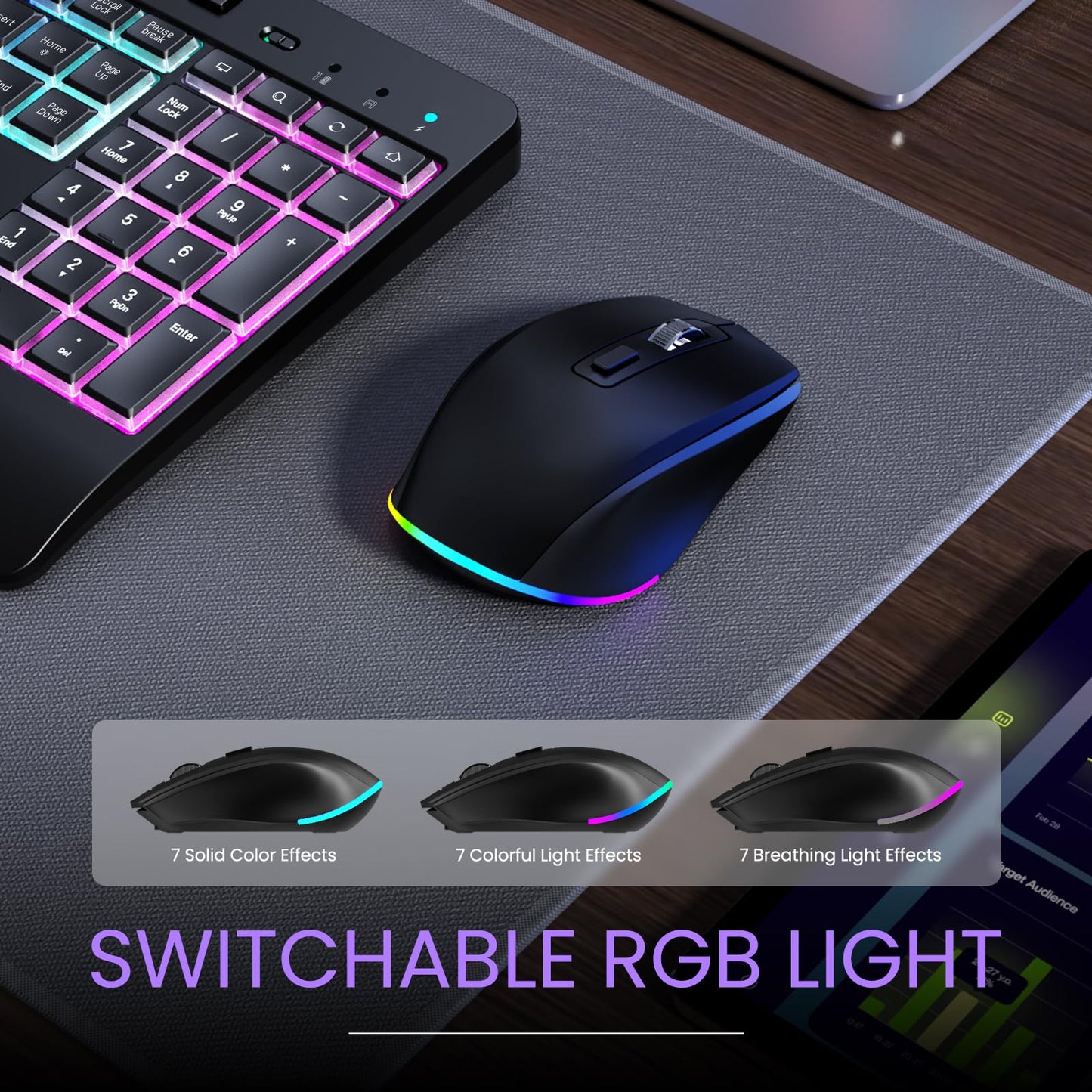 Wireless Keyboard and Mouse Combo- VEILZOR 2.4G Rechargeable Keyboard with Phone Holder, Ergonomic Wrist Rest, 9 RGB Backlit Effects, Silent Keyboard Mouse Set for Windows, Laptop, PC
