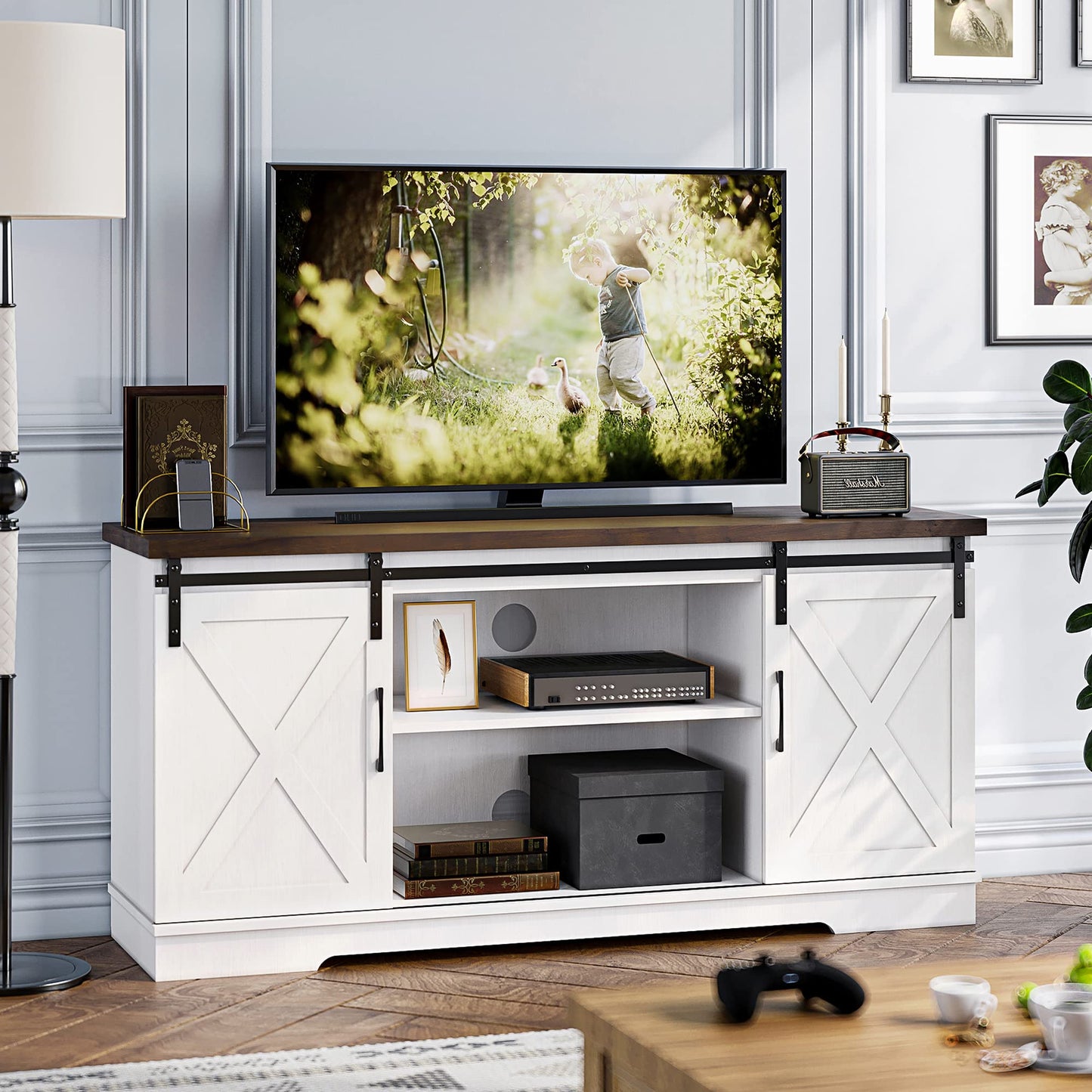 IDEALHOUSE Farmhouse TV Stand, Entertainment Center for 65 Inch TV Media Console Table, White Barn Door TV Stand with Storage and Shelves, Modern TV Console Cabinet Furniture for Living Room