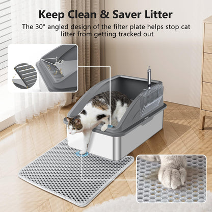 Stainless Steel Litter Box, Extra Large Litter Boxes for Big Cats, XL Metal Cat Litter Box with Lid, Anti-Urine Leakage, Non-Sticky, Include Cat Mat and Litter Scoop
