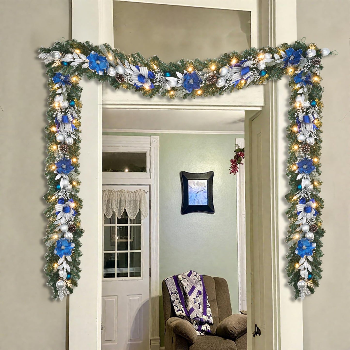 6ft Blue Silver Christmas Garland with Lights for Front Door,Lighted Winter Mantle,Fireplace and Stairs Decor- 20 Timer LED,prelit Magnolia Garland with Sparkle Ornament,Blue Floral Decor