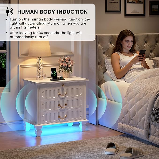 25.6'' Wide Bedside Table with 3 Drawers & Pull-out Tray, Smart Night Stand