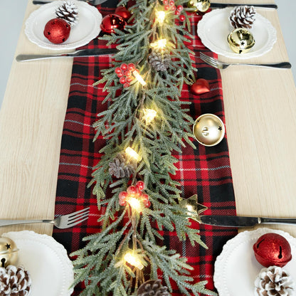 6FT Christmas Garland with Lights, Pre-Lit Artificial Pine Garland with Red Berries, Lighted Flocked Garland for Table Mantle Fireplace Door Stairs Windows Wall Indoor Outdoor Holiday Christmas Decor