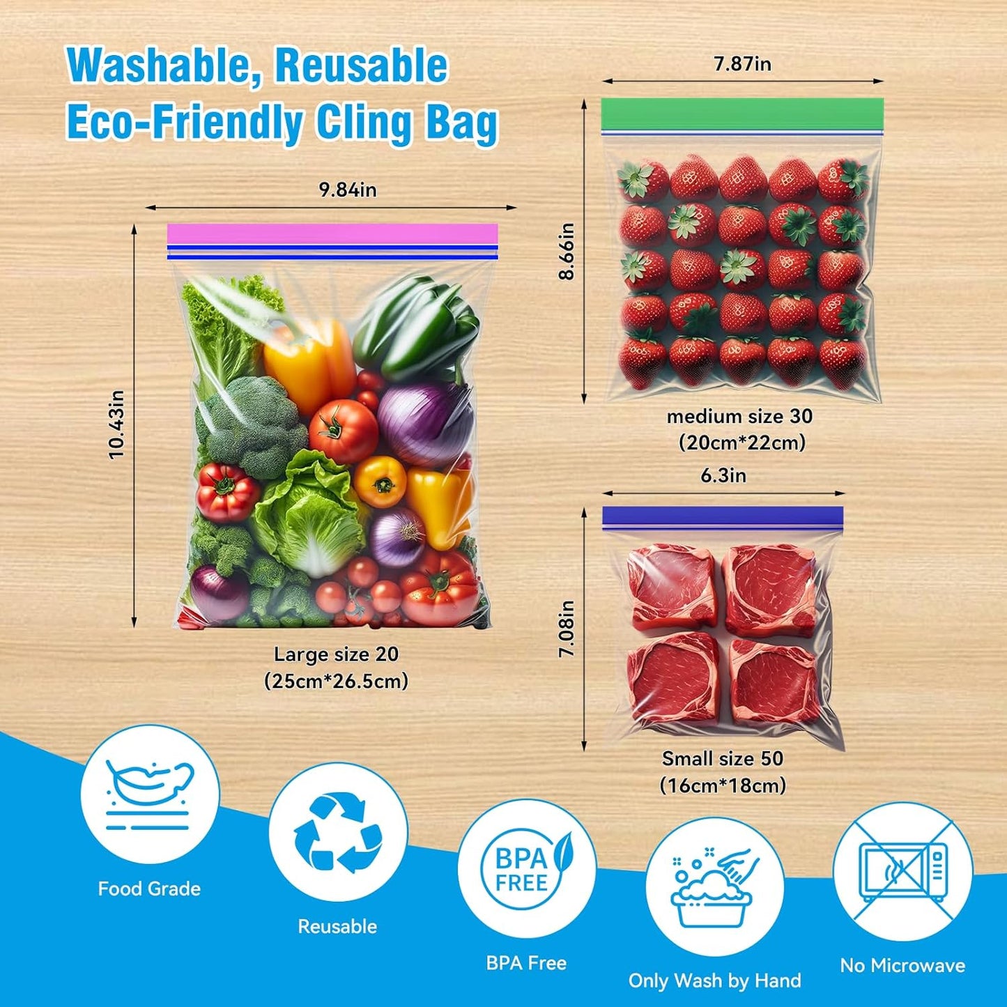 100-Pack Food Storage Freezer Bags - 3 Sizes, Reusable with Zipper Lock for Fruit and Veggies, Microwave and Freezer Safe, No BPA - Strong Seal, Easy to Fill for Lunch, Snacks, and Meals