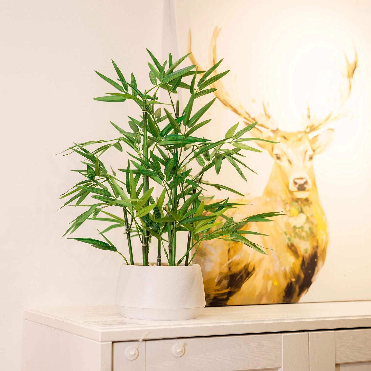 365 Blooming Decor 18 inch Tall White Potted Artificial Bamboo Plant- Luxury Artificial Bamboo Tree in White Pot for Home, Office, Kitchen, Counter Top, Indoor Decor, Money Tree, Lucky Tree.