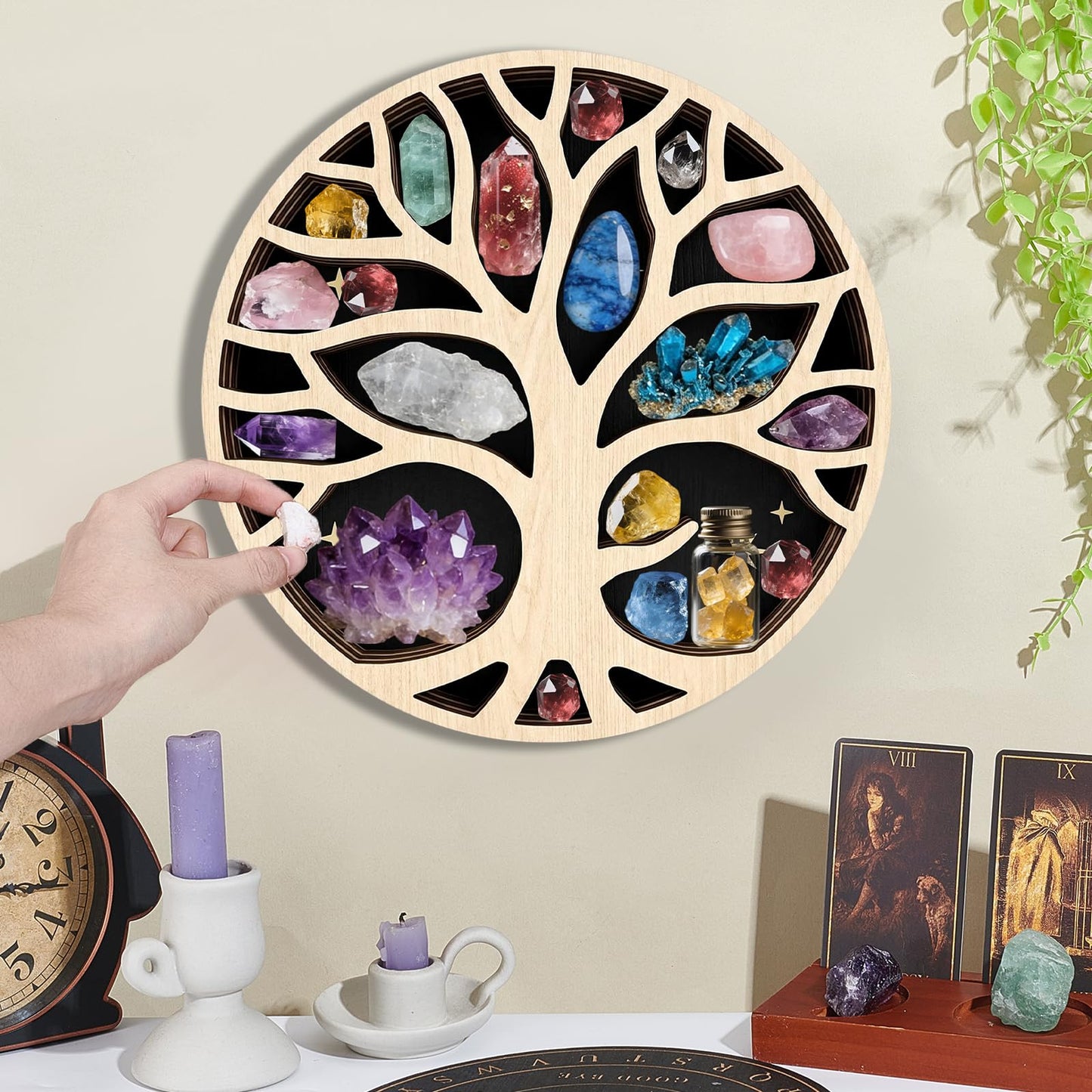 peacoblue Tree of Life Shaped Crystal Display Shelf 11.8" L× 11.8" W× 1.2" Wooden Wall Mounted Decor for Crystals, Gemstones & Trinkets for Bohemian, Witchy & Modern Interiors