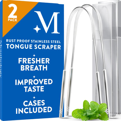 Mouthology Tongue Scraper for Adults (2 Pack), Reduce Bad Breath, Metal Tongue Scraper, Tongue Cleaner, Tongue Scraper, Stainless Steel Tongue Scraper, Tongue Cleaner for Adults, Tongue Scrubber