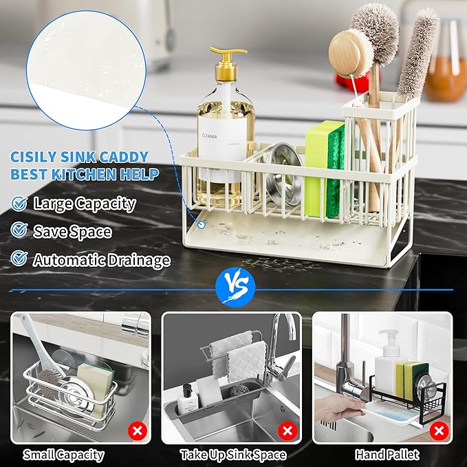 Cisily Off White Sponge Holder for Kitchen Sink, Sink Caddy Organizer