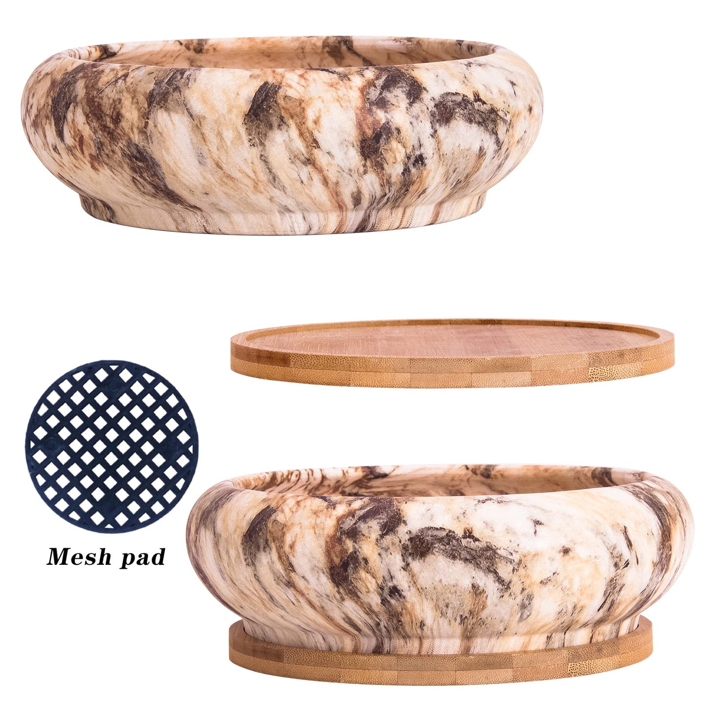 ARTKETTY Succulent Pots - 7.3 Inch Ceramic Bonsai Pots with Trays Set of 2, Large Succulent Plant Pots with Drainage Shallow Planters for Indoor Plants Marble Cactus Flower Plant Container Bowl