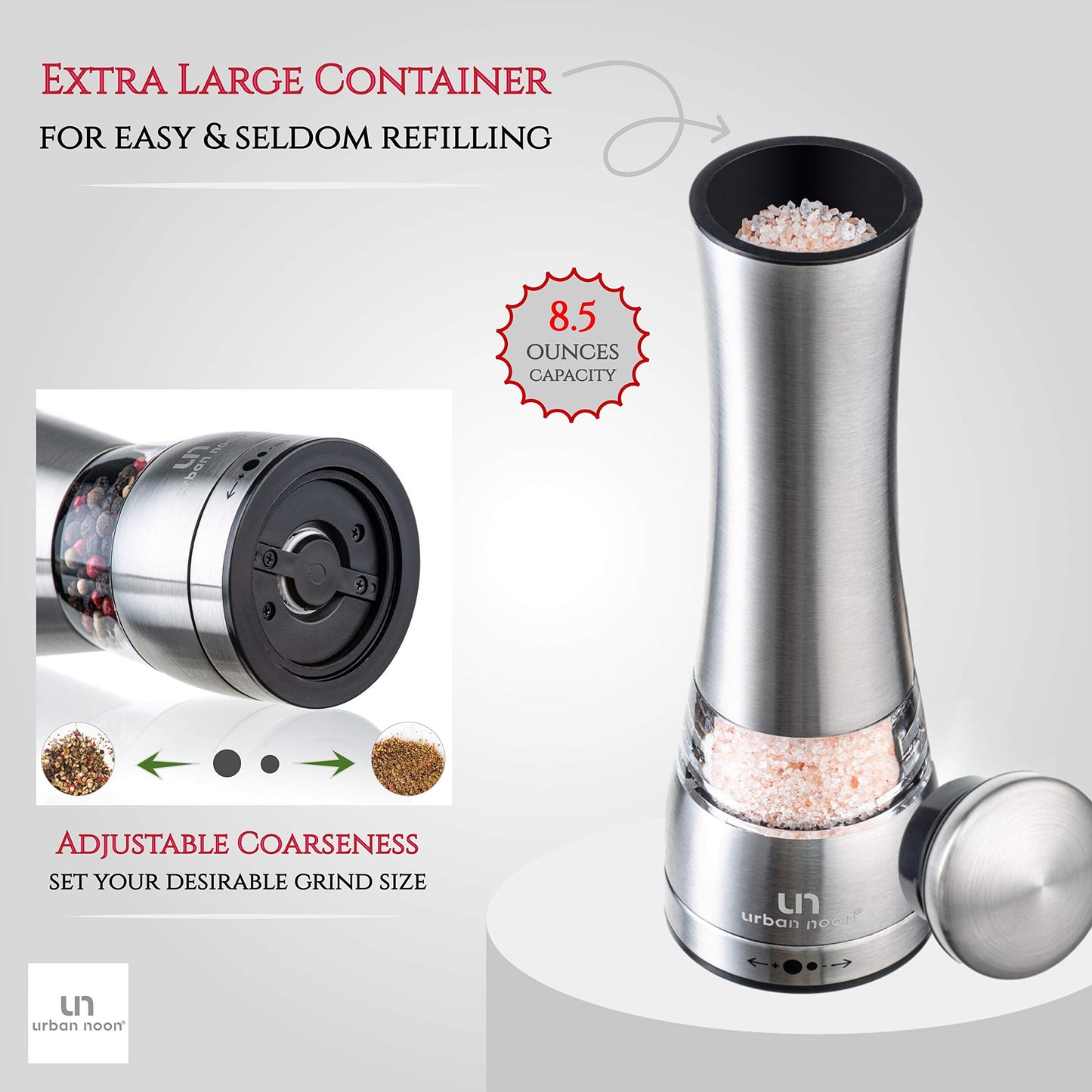 Salt and Pepper Grinder Set - Large Capacity Stainless Steel Pepper Grinder and Salt Grinder with Tray in Luxurious Gift-Box - Manual Mills with Ceramic Grinders and Adjustable Coarseness (Set of 2)