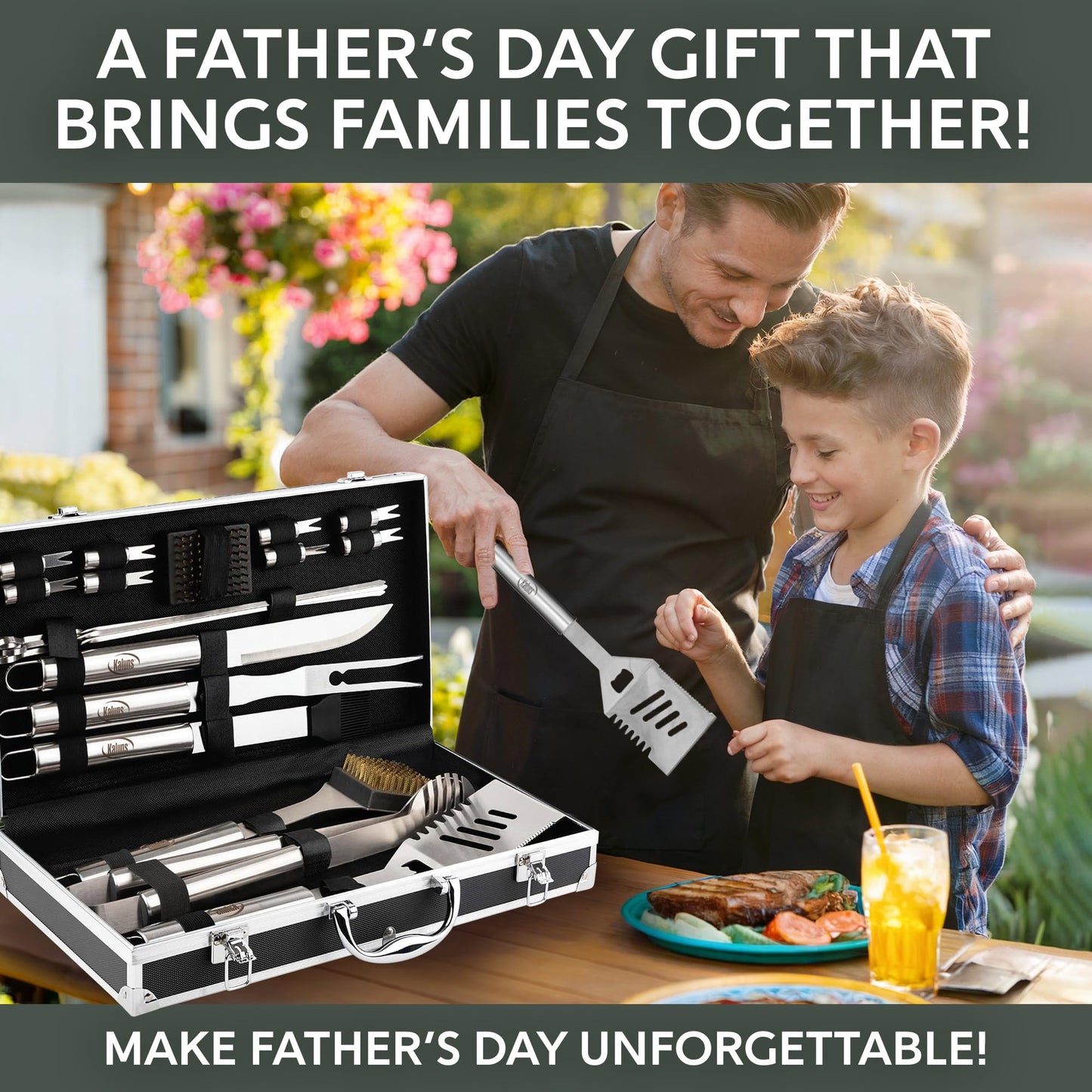 Kaluns Grilling Accessories, Dad Gifts for Fathers Day, Grilling Gifts, Heavy Duty Stainless Steel BBQ Tool Set for Outdoor Grill with Aluminum Case and Apron, Birthday Gifts for Men Women
