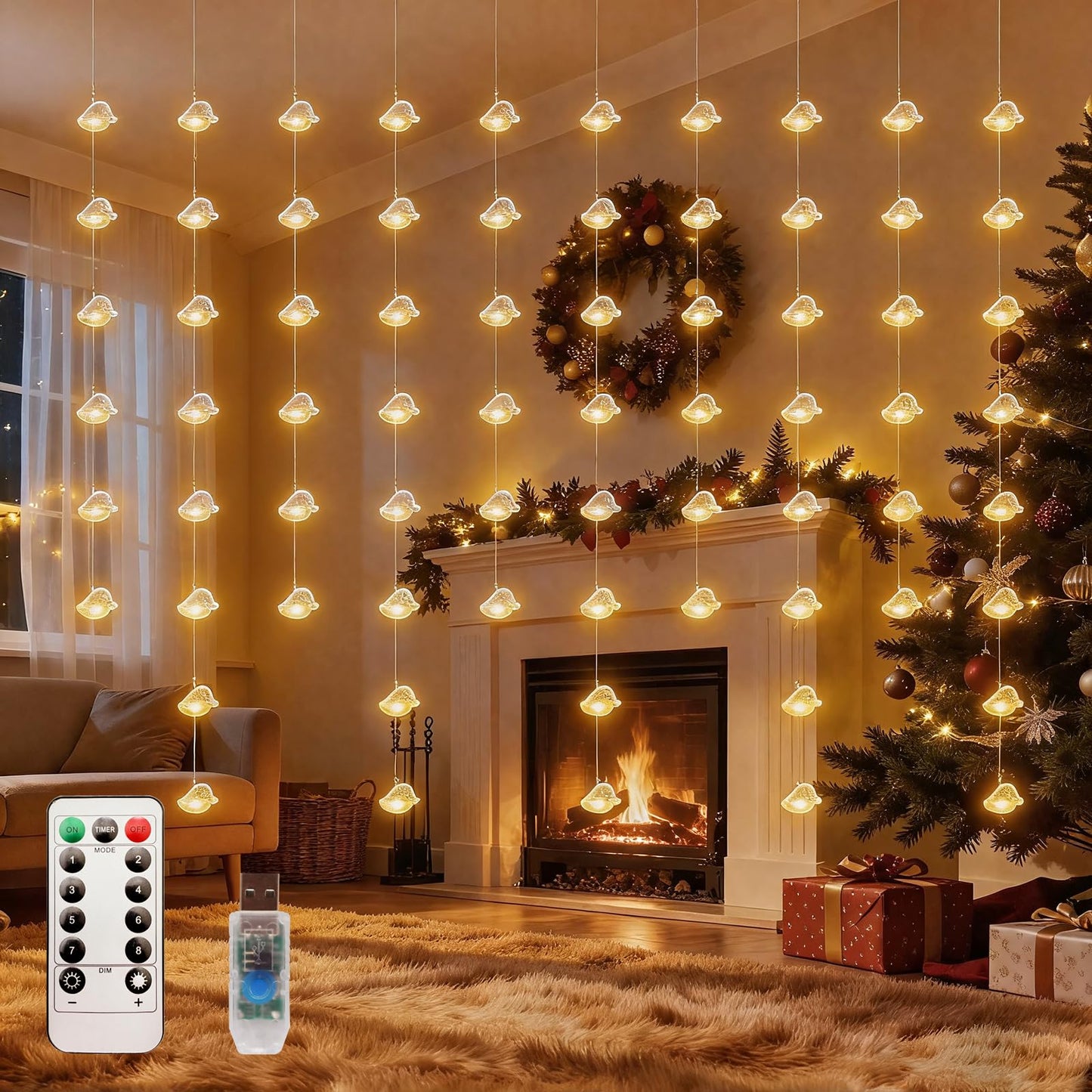 Patioman Santa Hats Curtain Lights, Warm White Window Lights 70 Hanging Light with Remote Fairy Led Twinkle String Lights Home Bedroom Wall Ceiling Décor for Christmas, Wedding, Party, Birthday