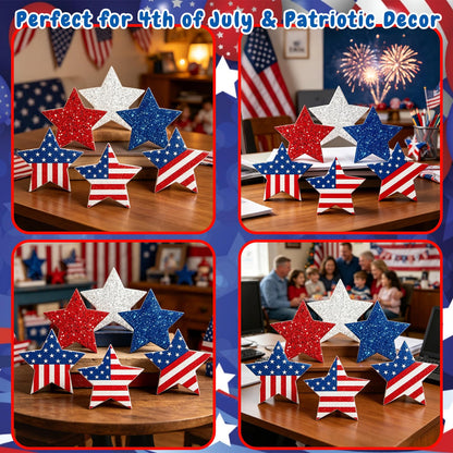 6 Pcs 4th of July Decorations Patriotic Wooden Star Signs Red White Blue Memorial Day Tiered Tray Decor Americana Table Home Decor for Independence Day Shelf Kitchen Office