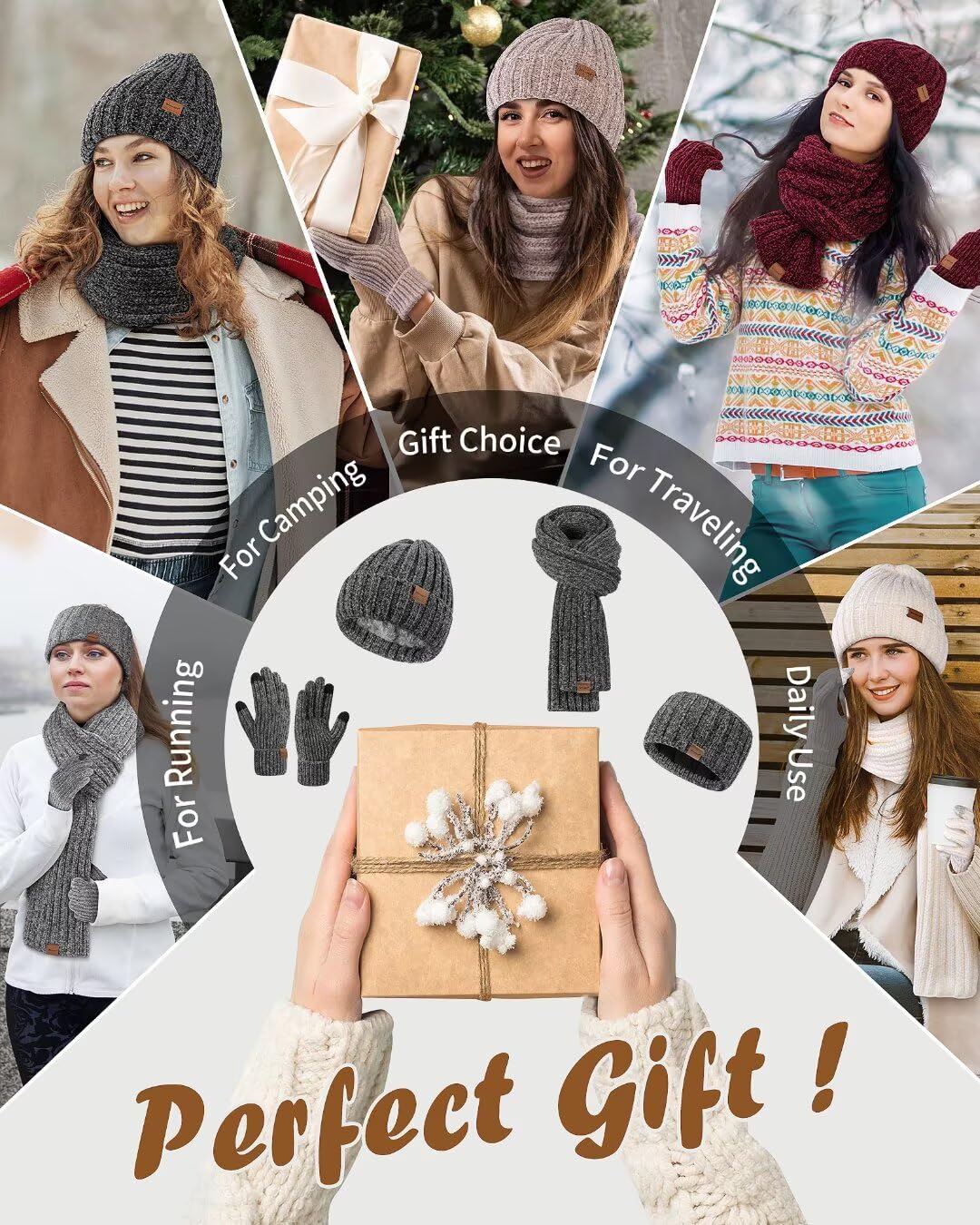Women Beanie Scarf Gloves Headband Set for Winter, Chenille Beanie Hats Ear Warmer with Fleece Lined Knit Scarf Touchscreen Gloves, 4 In 1 Warm Xmas Gift Set Stocking Stuffers for Women-Gray