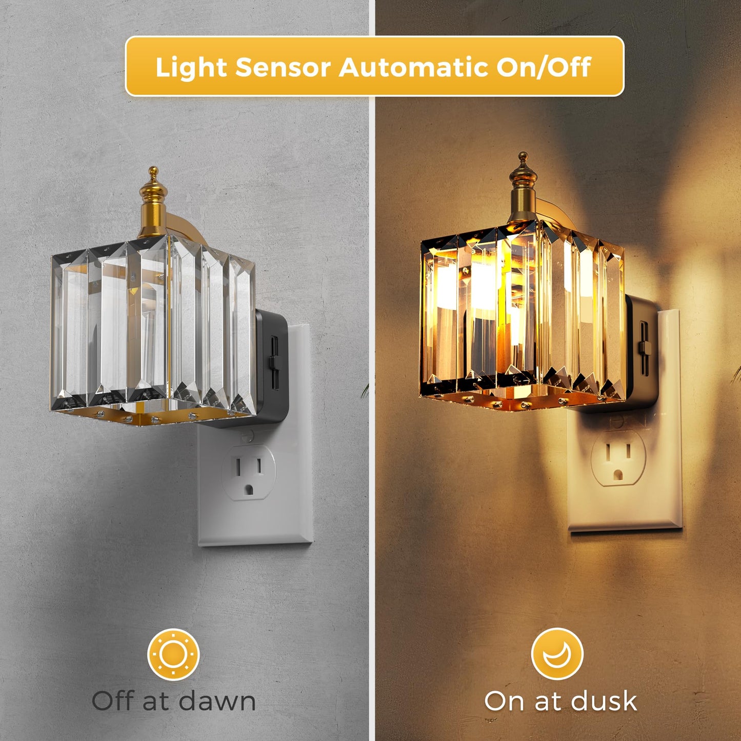 L LOHAS LED Night Light, 2 Pack Night Lights Plug into Wall, 3000K Soft White LED, Crystal Night Lights with Dusk to Dawn Sensor, 0-100lm Adjustable Brightness, for Hallway Bedroom Stairway