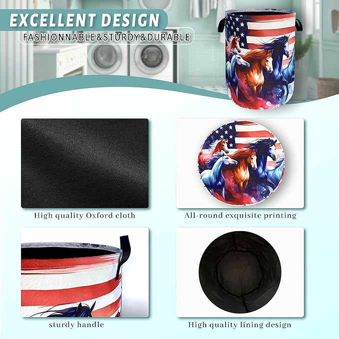American Flag Horse Laundry Basket Patriotic Foldable Funny Laundry Hamper