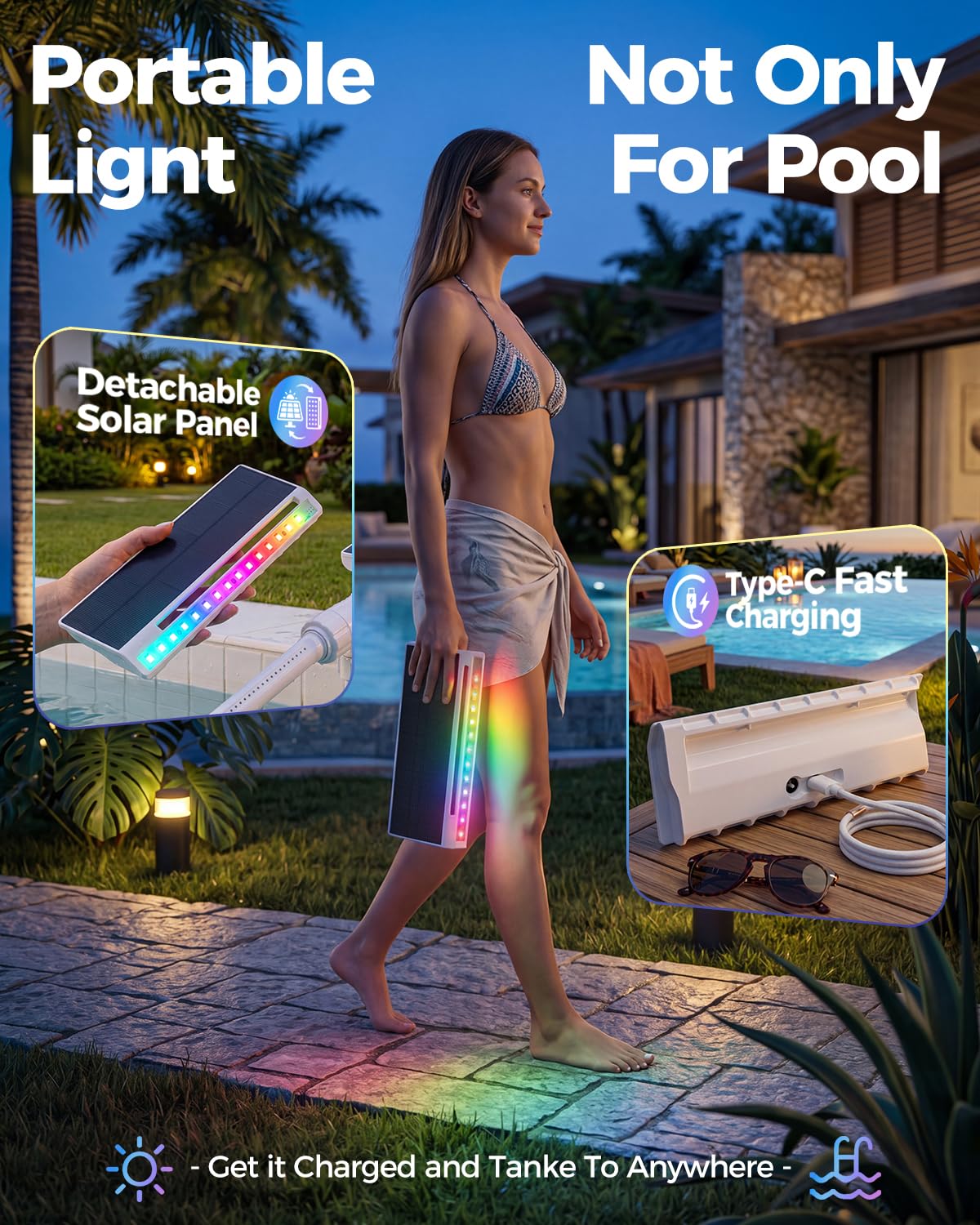 Prapark Solar Pool Fountain with Lights, Dual-Head Adjustable Spray & Timer, Remote Control, Auto Dusk Sensor, 10-Color LED Modes & 15°F Cooling Spray for Above & Inground Pools (White)