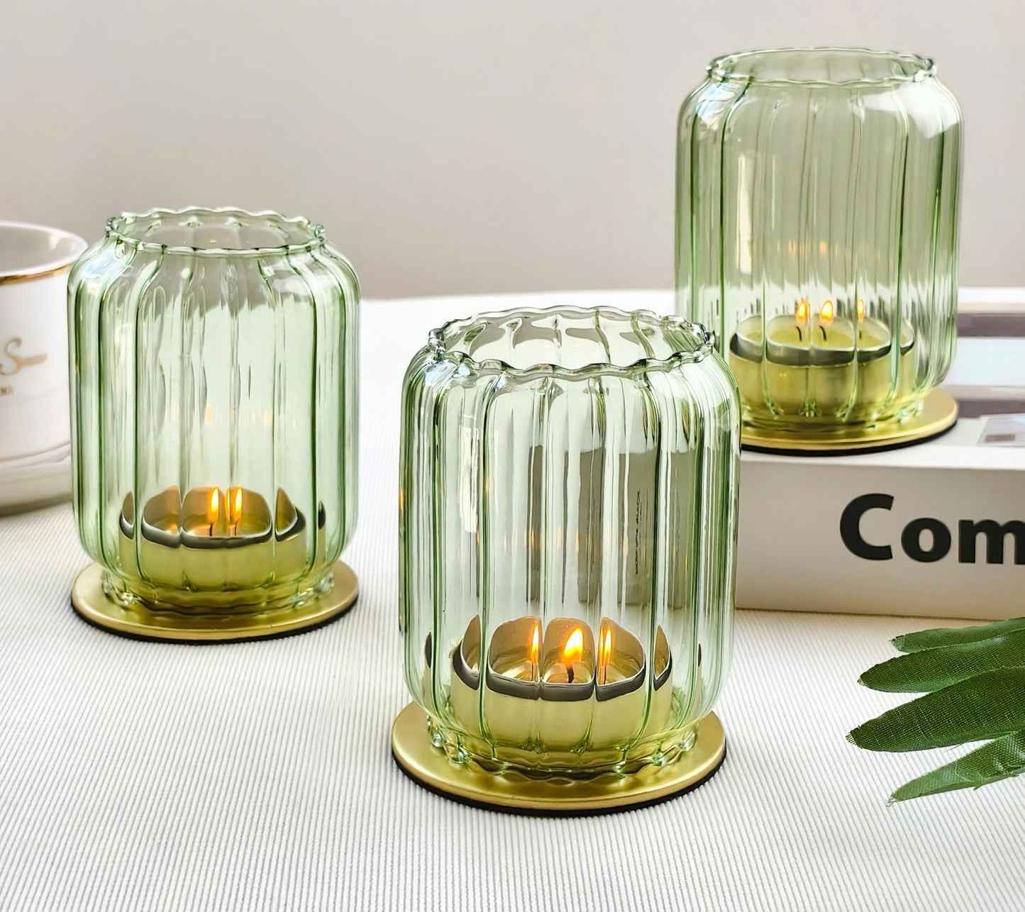Vixdonos Glass Hurricane Tealight Candle Holder with Metal Candle Stand,Set of 3 Modern Windproof Votive Candle Holders for Wedding Party Table Centerpiece Outdoor,Green