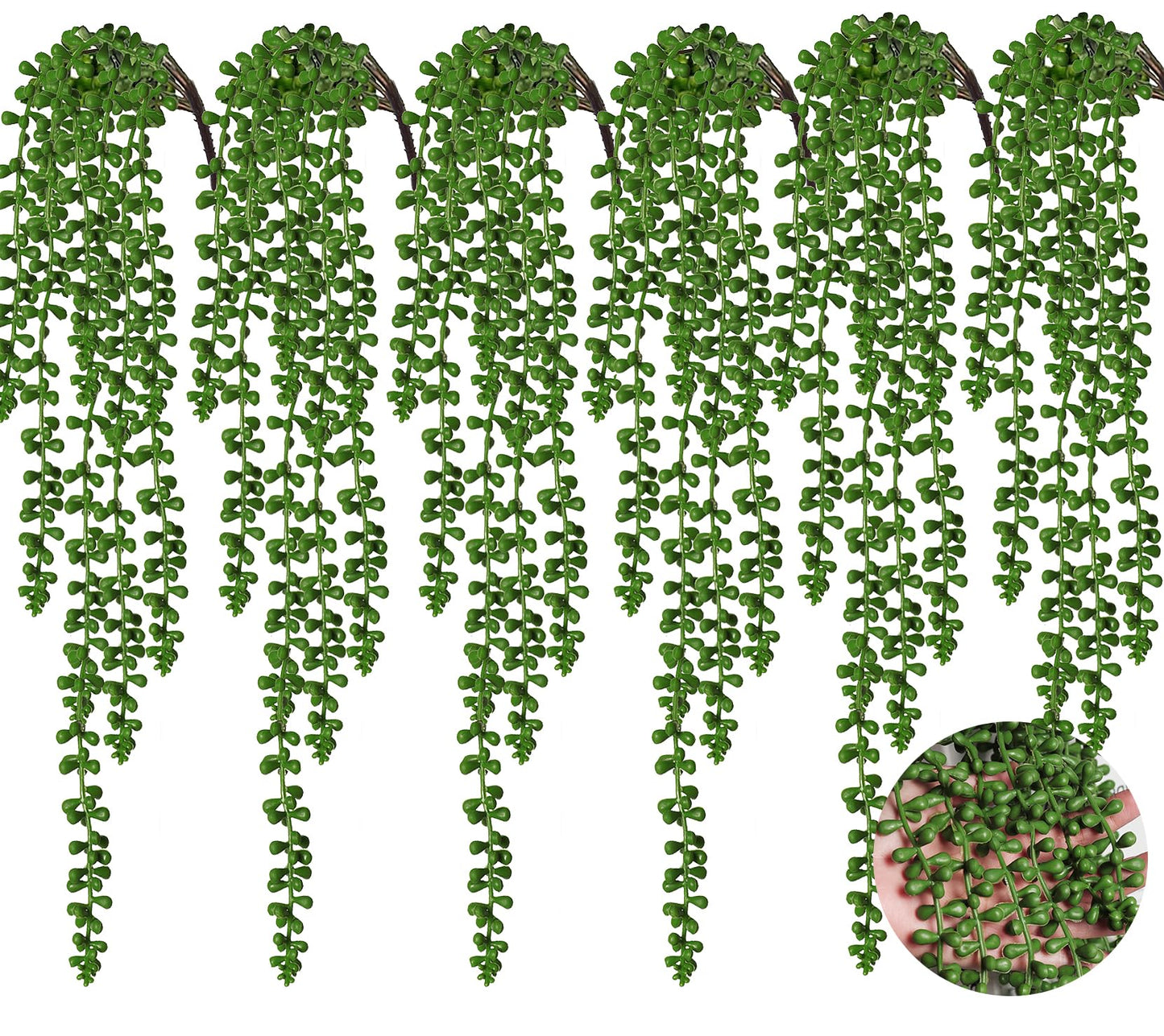 RECUTMS 6pcs Artificial Succulents Hanging Plants Fake Hanging String of Pearls Plant Faux Greenery Wall Plants for Spring Indoor Outdoor Home Bedroom Patio Garden Easter Decor
