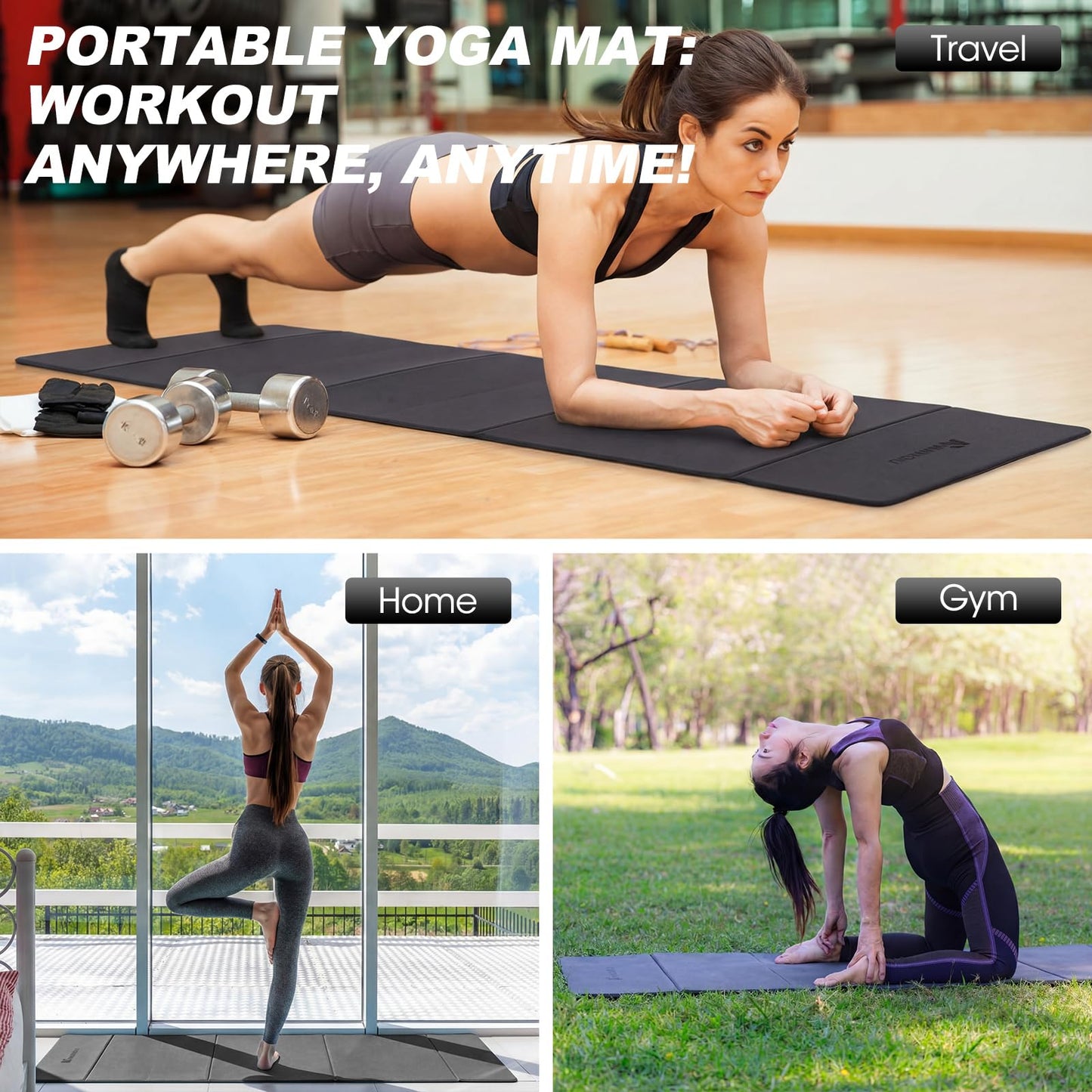Nuanchu 3 Packs Foldable Yoga Mat Yoga Gift Non-slip Fitness Pilates Mats 6mm Thick with Strap Poe Material 69 x 24 x 0.24" Lightweight Multi-purpose Workout Mats for Exercise Home Travel(Black)