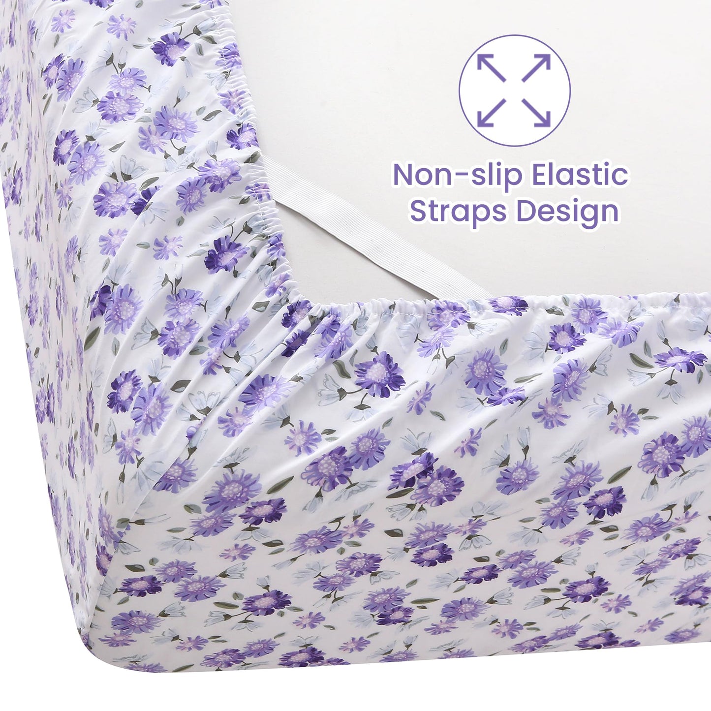 Softan Puple Floral King Sheet Set, 4-Piece Microfiber Printed Fitted Sheet with 15" Deep Pockets & Non-Slip Straps, White Flower Patterned Bedding Sheets & Pillowcase Set