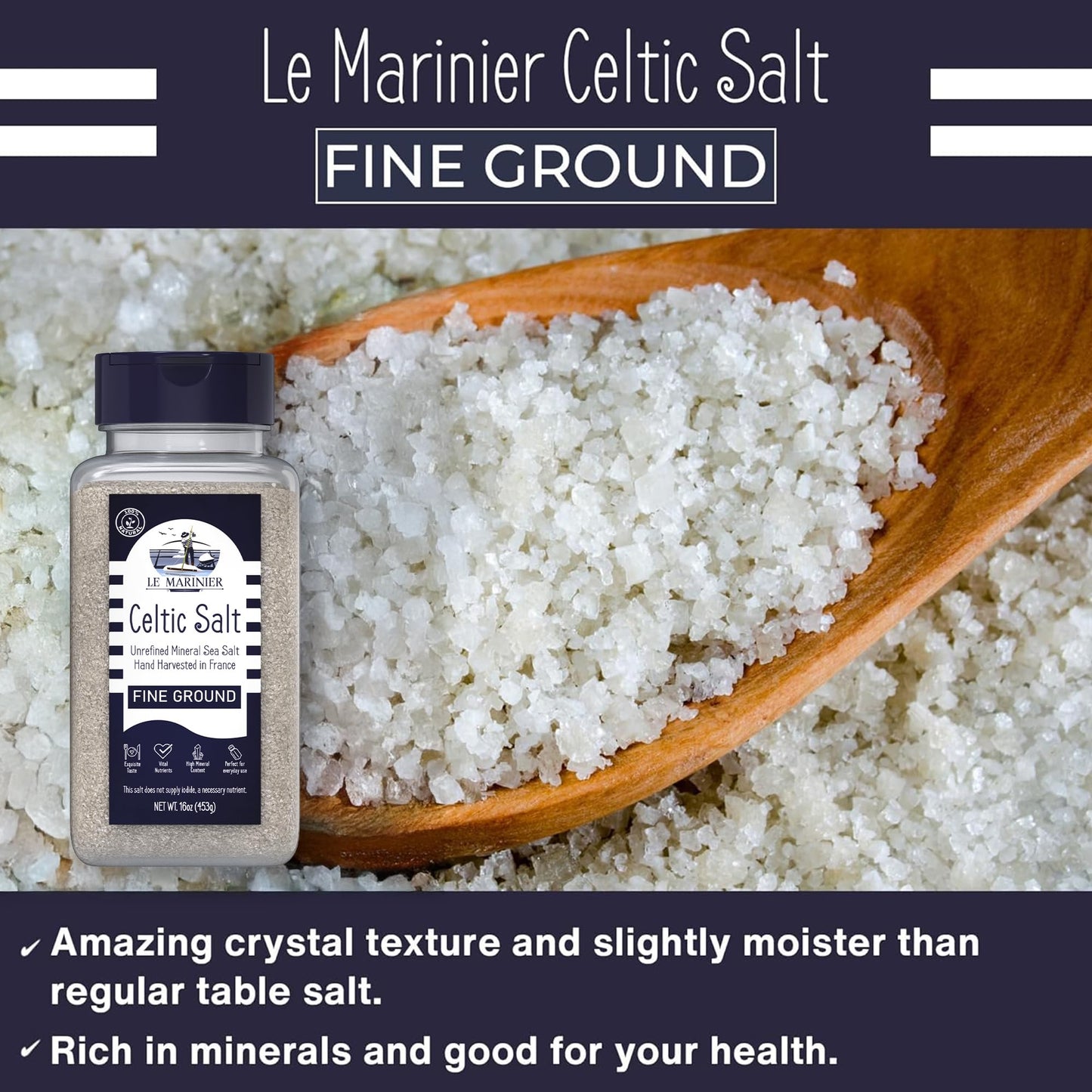 Le Marinier Celtic Salt Organic Fine Ground, 1 lb - 16oz. Mineral Rich 100% Natural and Unrefined. Refillable Salt Shaker. French Sea Salt with Vital Minerals. Hand Harvested (1 lb Fine Ground)