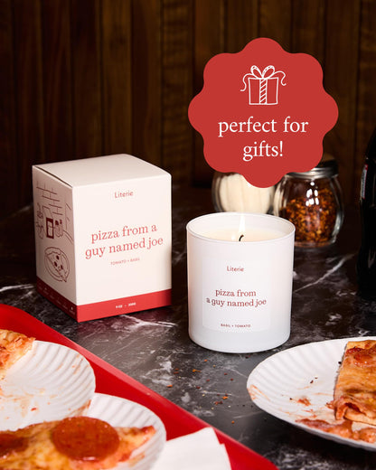 Literie NYC Inspired Scented Candle: Pizza from a Guy Named Joe - Tomato & Basil Scent, 9oz, 50 Hour Burn, Vegan Soy & Coconut Blend Candle for Home Decor, Gift for Women & Men