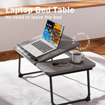 Laptop Bed Table, Laptop Bed Desk with Foldable Legs & Cup Slot, Adjustable Trays, Reading Book Holder Notebook Stand Laptop Tray for Bed, Sofa,Terrace,Carpet, Black