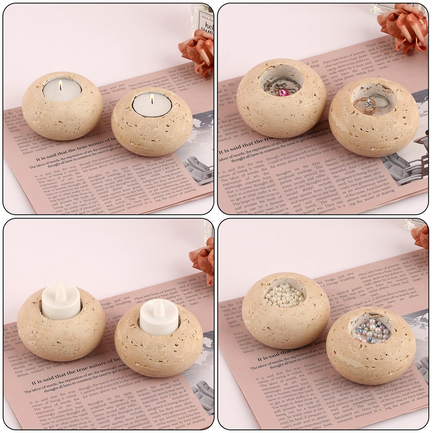 OwnMy 2PCS Travertine Candle Holders Decorative Stone Tealight Candle Holders Set, Elegant Travertine Votive Candle Stands for Dining Table Centerpieces Wedding Home Decors, 4" Dia x 2.2" H