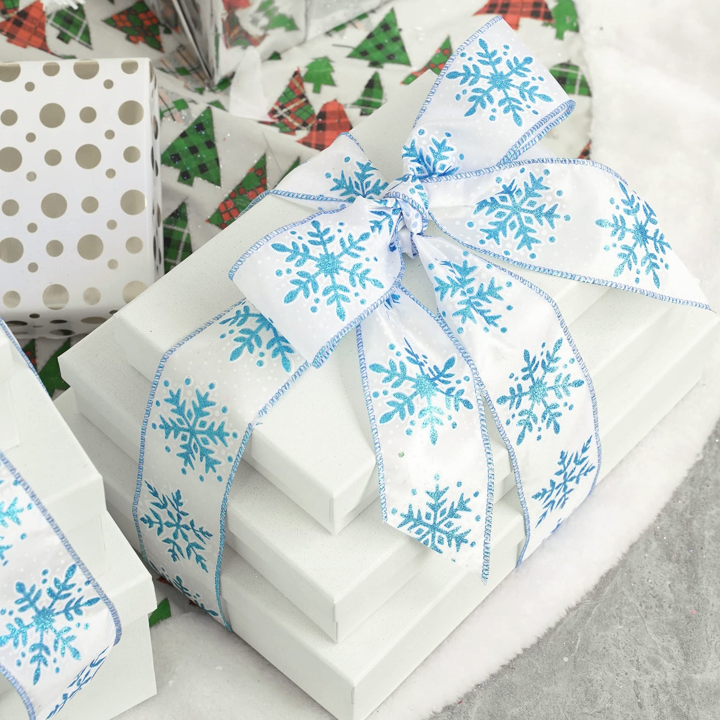 MEEDEE 2.5 Inch White Ribbon with Blue Glitter 10 Yards Wired Snowflake Ribbons Blue and White Ribbon for Christmas Tree, Winter Holiday Decor, Garlands, Wreaths, Gift Wrapping