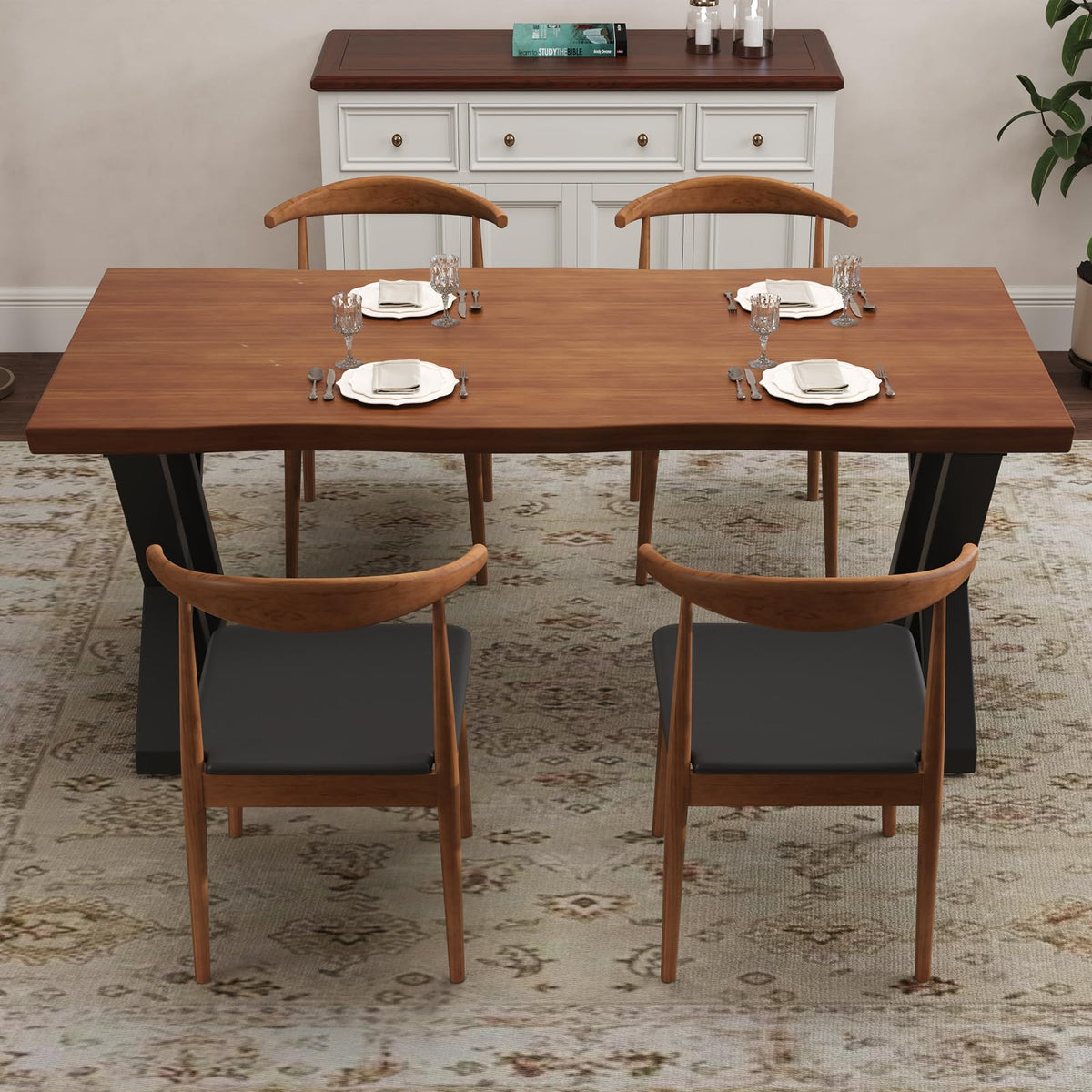 tiedingding 47" Solid Wood Dining Table, Rectangular Kitchen Table with Irregular Live Edge & Thick Tabletop, X-Shape Metal Legs, Oil Proof & Easy Clean, Rustic Brown， for 2-4 People