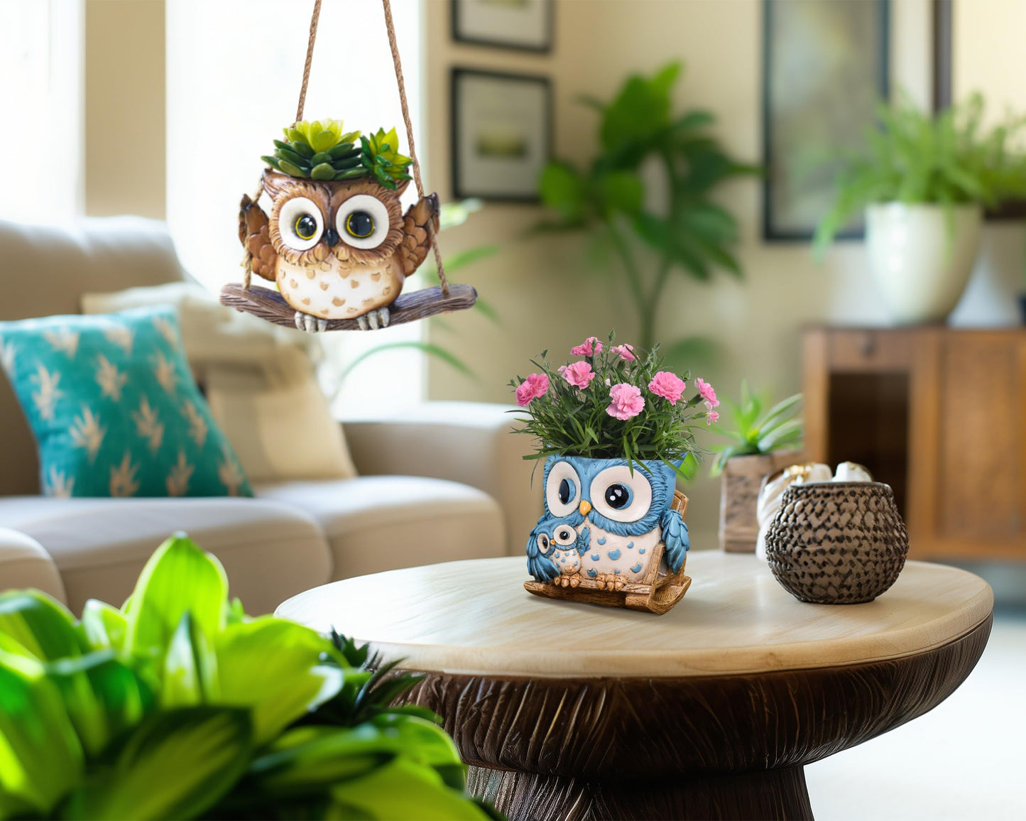 Saysmile Unique Owl Plant Pots Indoor, Cute Small Succulent Pots with Drainage Hole, Rocking Chair Planters for Outdoor Indoor Plants, Resin Flower Pot for String of Pearls, Gift Ideas for Mother