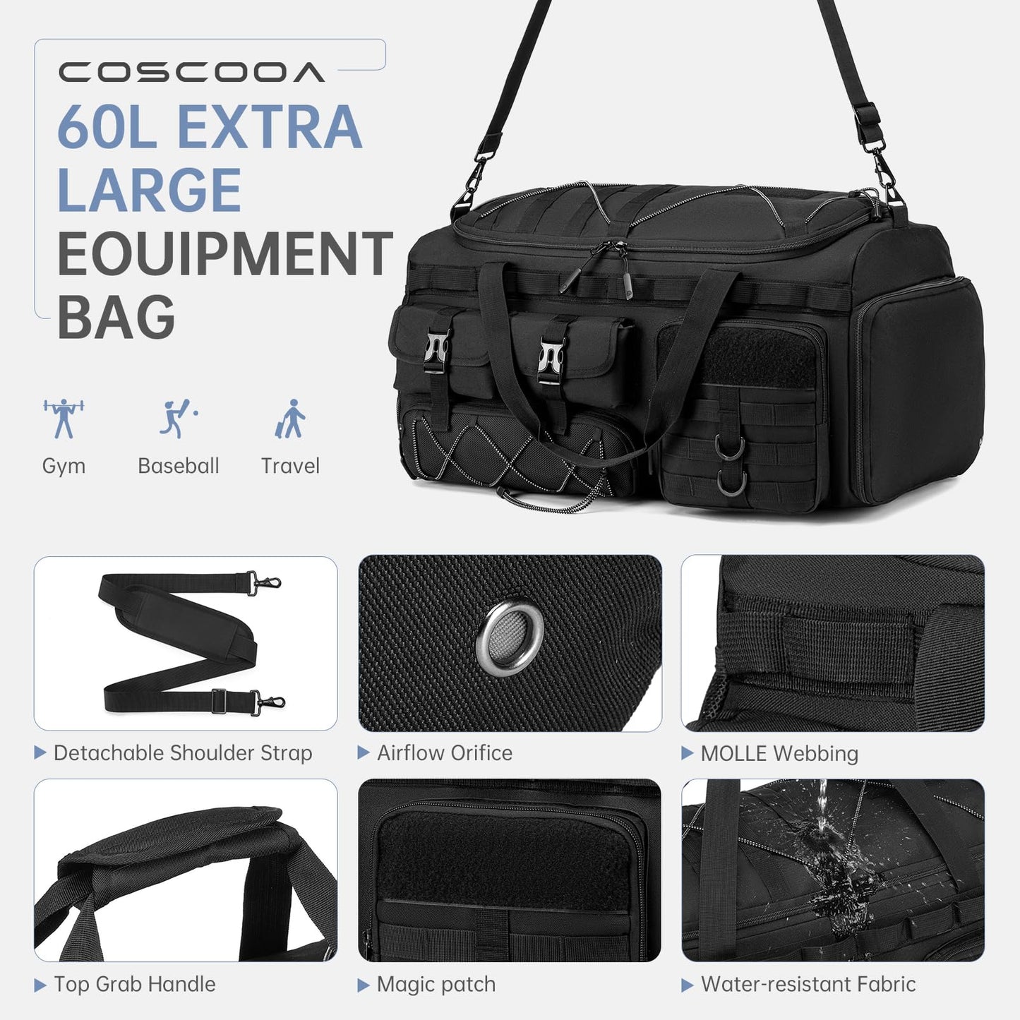 COSCOOA Tactical Gym Bags for Men, Carry On Luggage 22x14x9 Airline Approved, 3 in 1 Duffle Bag with Shoe Compartment,Travel Backpack Weekender Overnight Range Bag for Workout Football, Black